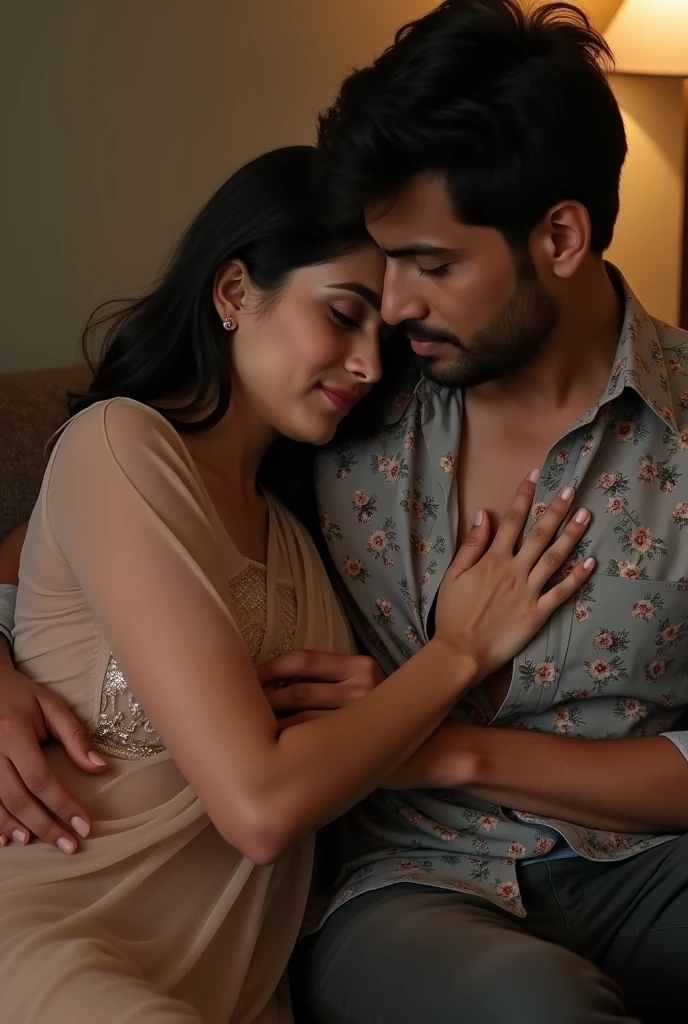 indian wife her husband and her sister are having a secret erotic sexual affair in their home. they sitting on the couch, discreet threesome. wife is wearing a sheer transparent sari, sister is wearing a floral front open shirt. man is wearing a shirt. they hug each other and touch the breast