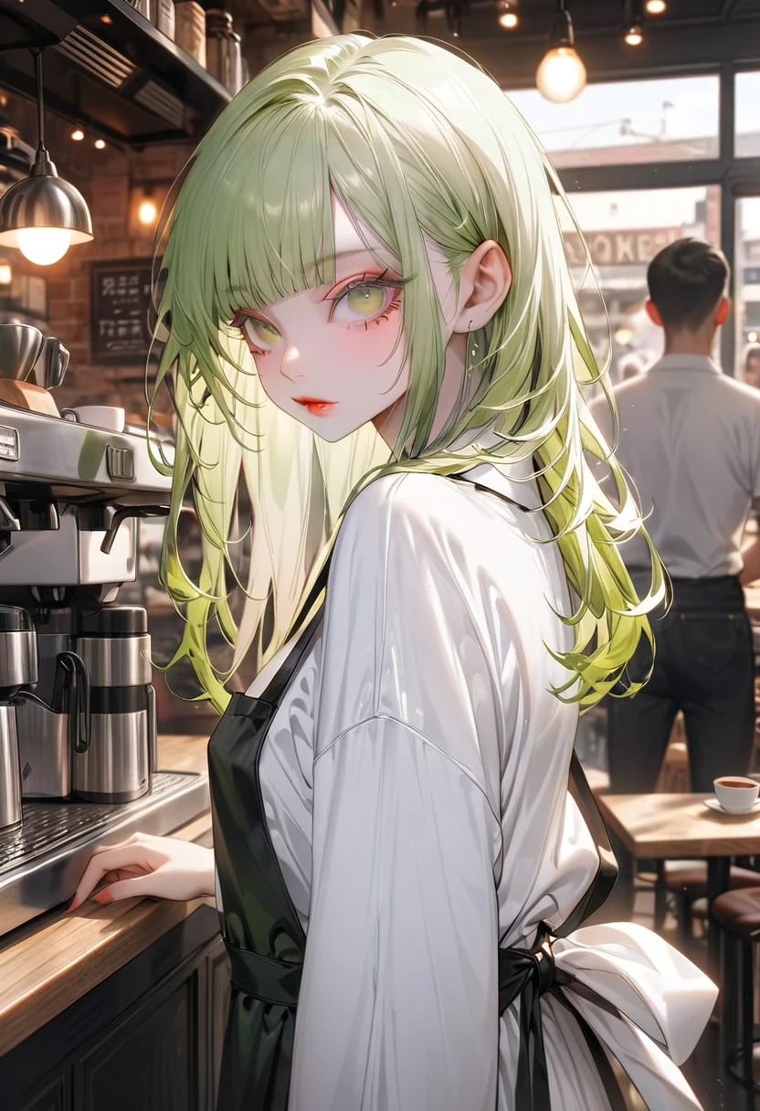 (Highest quality,Very detailed,High resolution:1.2),Slim albino girl,Green Hair,very_Long eyelashes, Detailed lips, Cool look, Soft Skin, Shiny Hair,Exquisite makeup,Wearing oversized clothes,Coffee shop in the background,He is wearing an apron over his white shirt