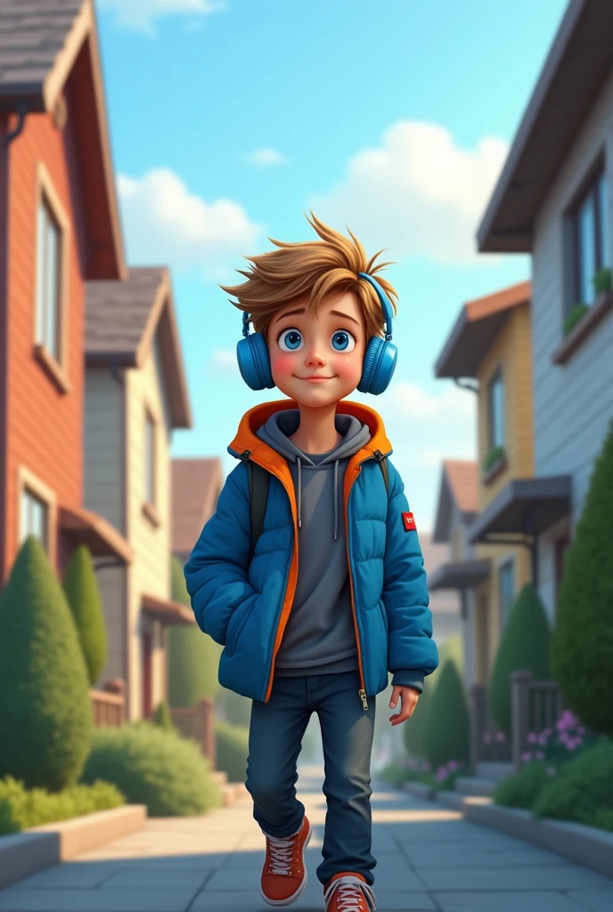 A 1 boy, wearing a blue jacket with an orange zipper, is walking calmly down a street between two houses, his blue headphones on. He looks friendly with his light brown hair and blue eyes, and he simply wants to make friends, but he isn't very sociable.