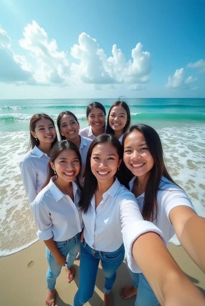 professional photography there are 8 beautiful Indonesian women, who wears a white shirt , jeans, Senada is taking a selfie using a selfie stick , with the background on the beach with the attractive lapping of the waves and bright blue clouds. fullHD, ultrahd+ , Earth's atmosphere,realistic, looks authentic, dramatic scene, must be detailed, seen from above using a drone