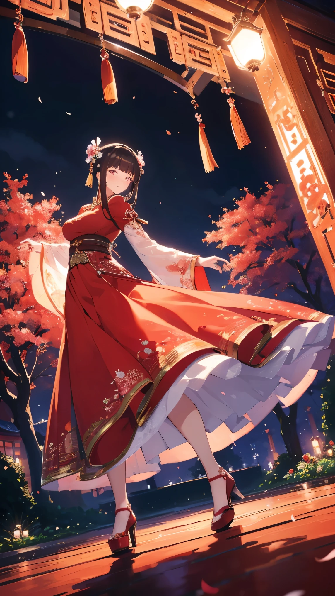 (Best quality,A high resolution,Clear image:1.2),Ultra-detailed background,Beautiful woman,standing on your feet，Red dress，Chinese style clothes,Delicate petals,Garden scene,Under the moonlight,Romantic atmosphere,Dutch Angle Shot,Soft lighting,shelmet, 8k