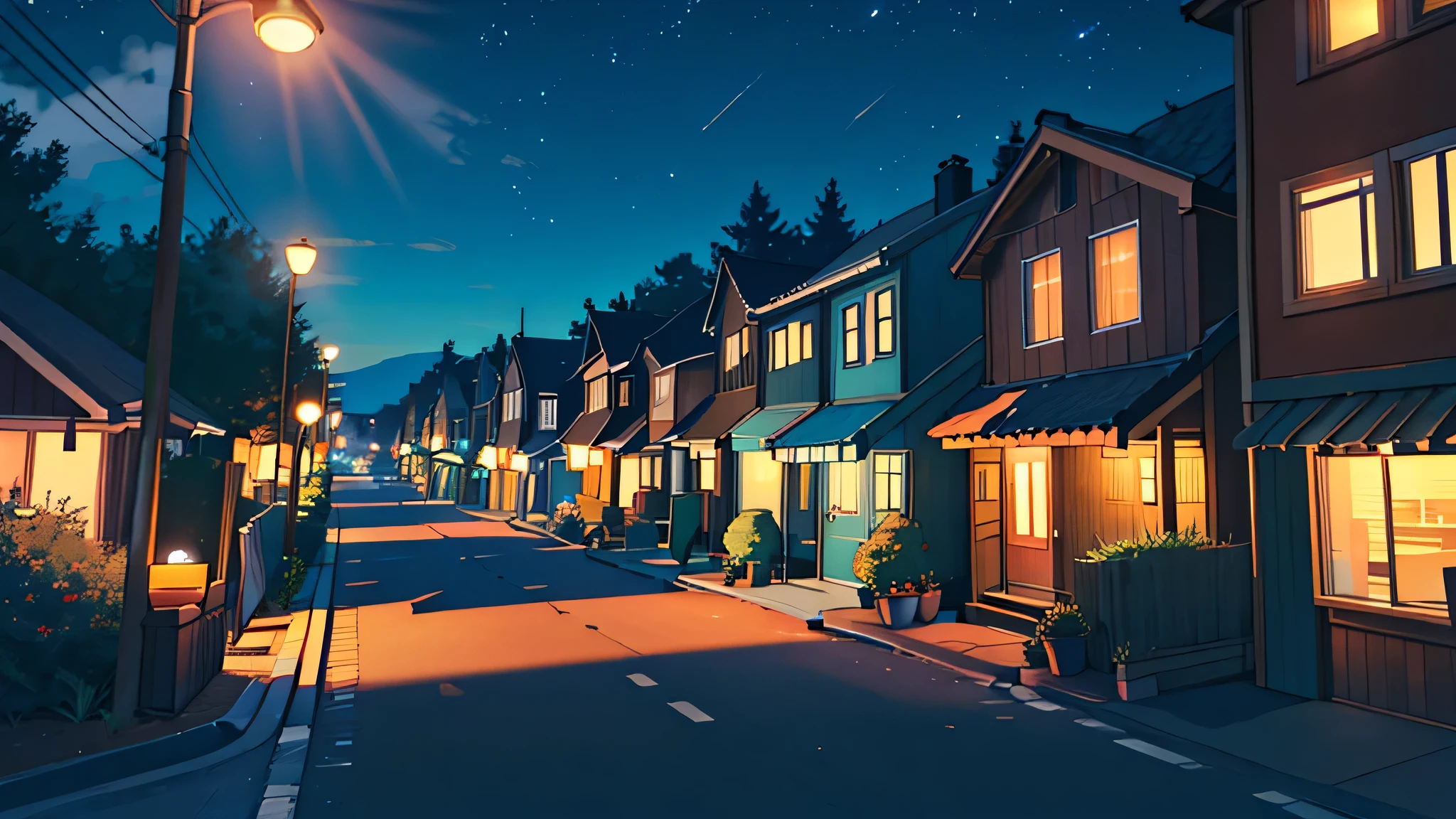 neighborhood, at night, dutch angle camera shot view, no humans, no persons
