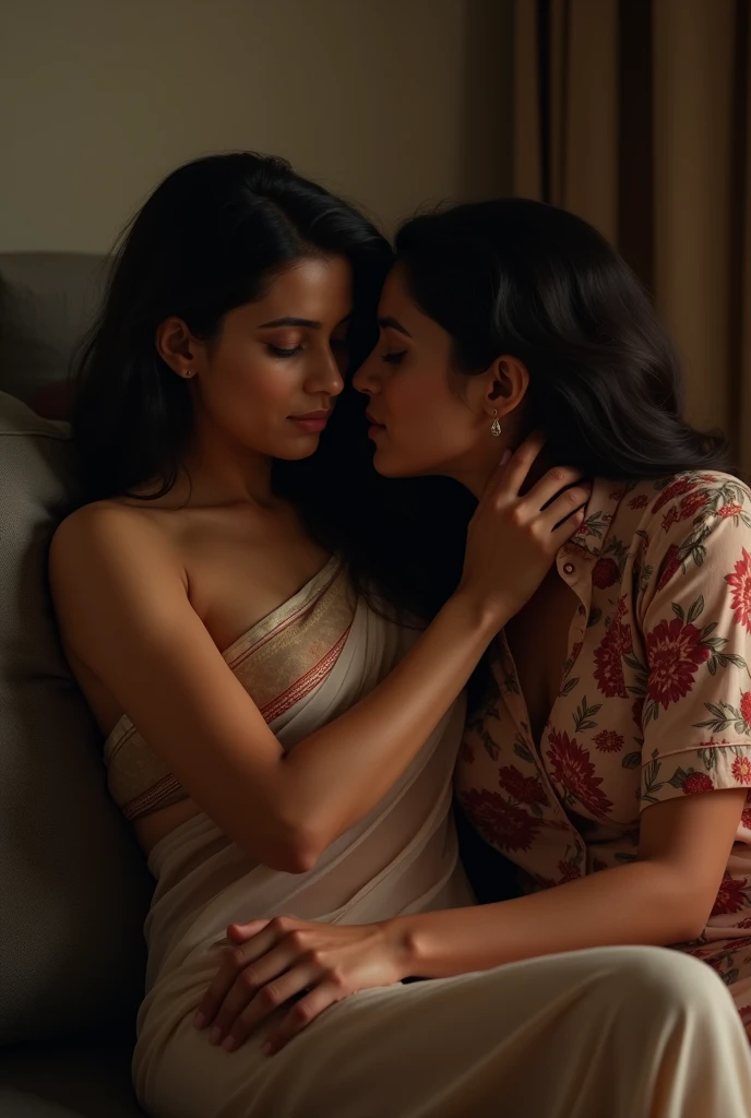 indian wife her husband and her sister are having a secret affair in their home. they sitting on the couch, discreet threesome. wife is wearing a sheer transparent sari, sister is wearing a floral front open shirt. man is wearing a shirt. they hug each other and grope the breast