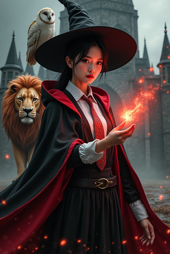 photorealistic photo, asian woman, white skin, Facing straight, Fluffy black hair, Slender fingers, There are five fingers on each hand., Black witch cloak, Red inner hood, black witch hat, White collared inner shirt, Red and white patterned tie, In the hand holding a small magic wand, There were several red fireballs and red smoke coming out of the wood., A white owl stands on the right shoulder., A large golden lion with a fiery red mane appeared from the left rear., The background is an old black castle.