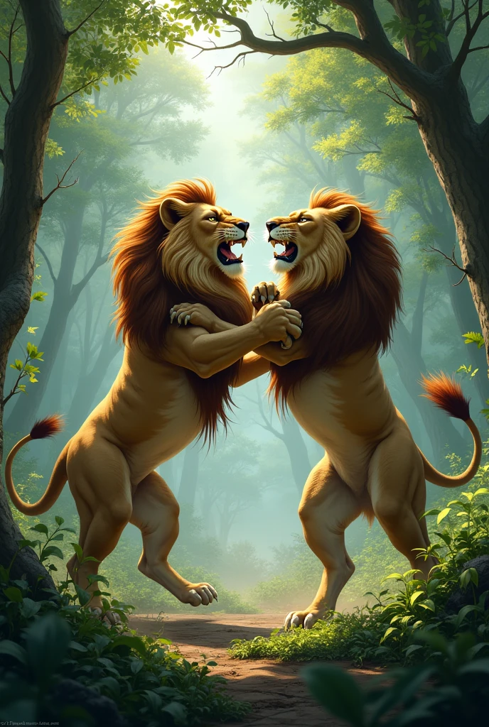 Lion fight in forest Nature

