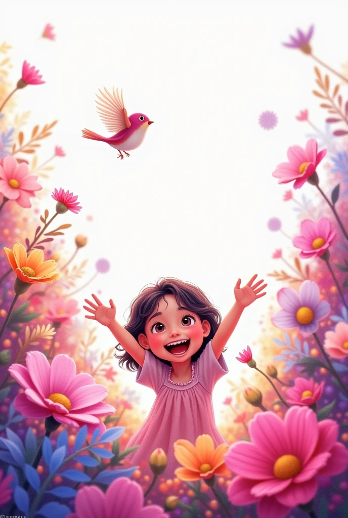up side white,down side purple shade,blooming beautiful colorful flowers,little bird flying up,cute baby girl raise hands,she smiling,she exciting