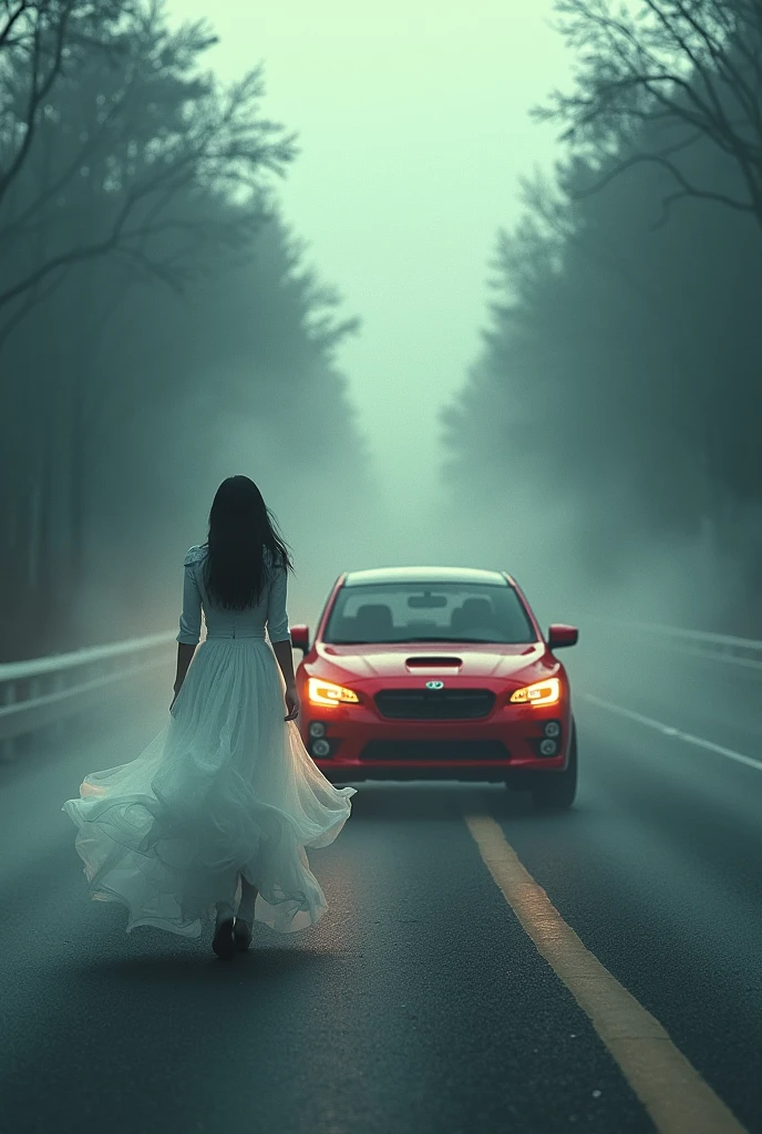A red car is coming on road a woman attacking on car in white
ghost dress