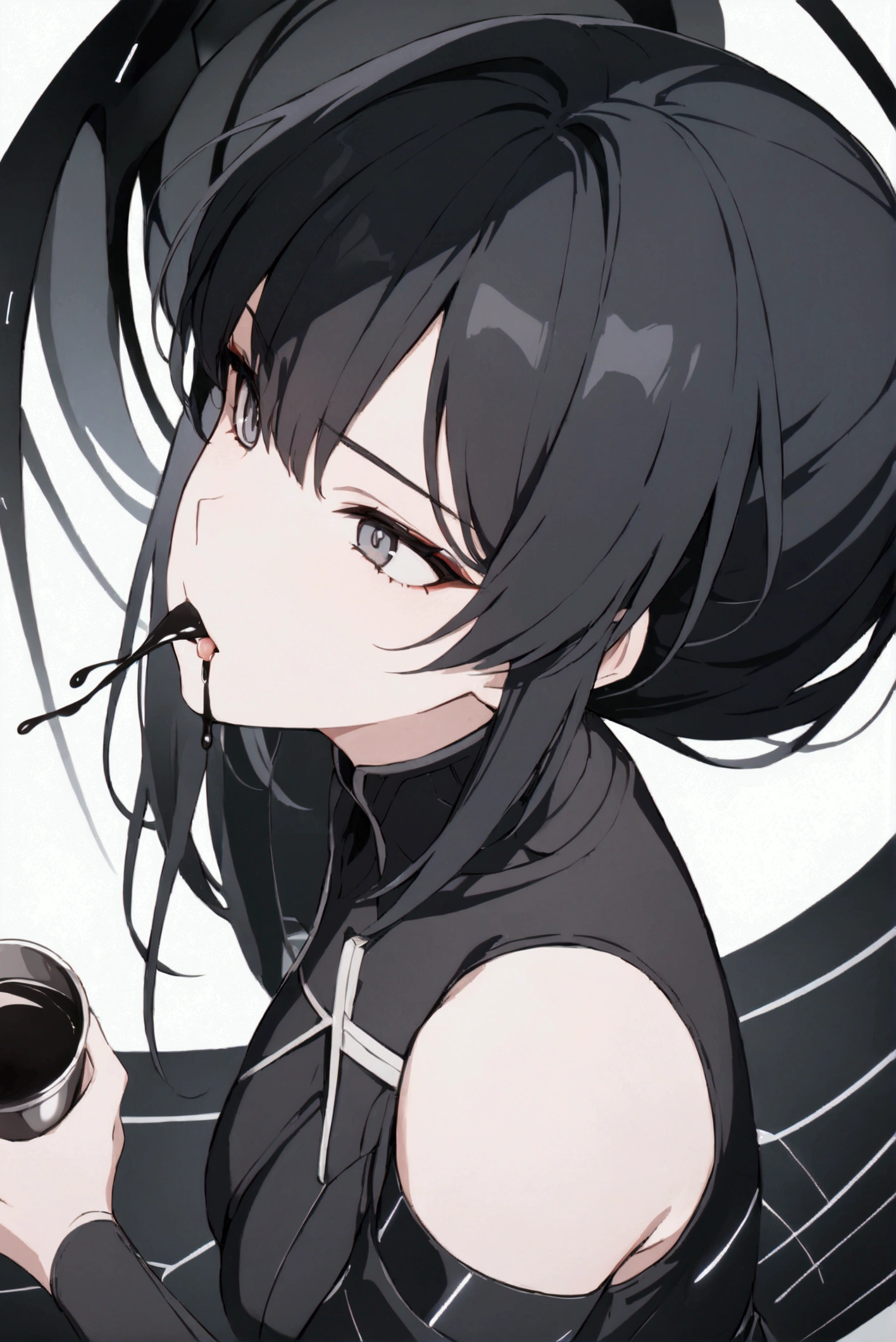 Black haired woman with sky grey eyes, drooling black ink, pours drink in her mouth from above, tilting her head to catch drink, side profile, blank stoic expression, 