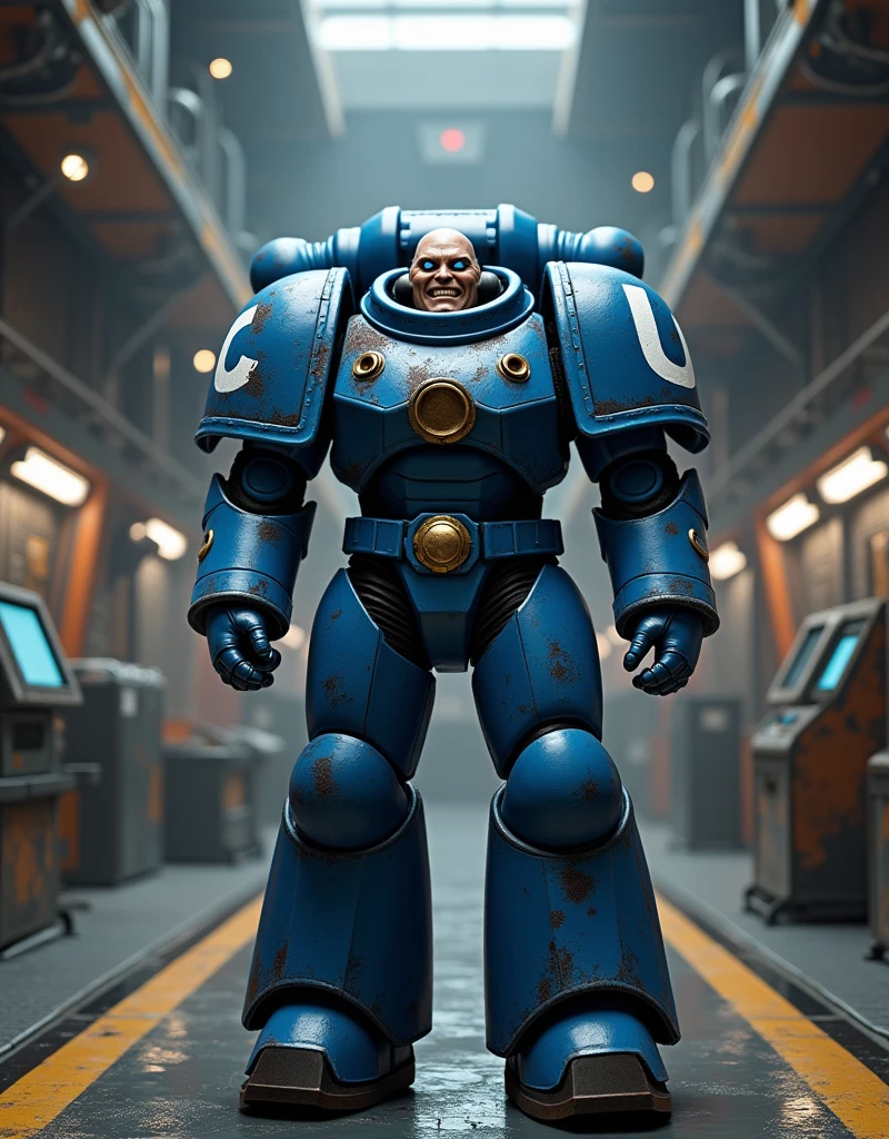 front view a spacemarine of Warhammer The Horus Heresy in blue armor of "Ultramarines" legion, on his blue shoulders of blue armor is big white symbol as white Latin letter "U", his face with strict features and facing the camera, light-blue iris of the eyes, grin in the facial expression of the mouth, big cabine a room of space base from Warhammer 40k background, photorealistic, photo of Nikon Z60
