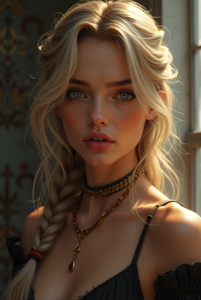 Hot girl, braided blonde hair, jucy lips, erotic 