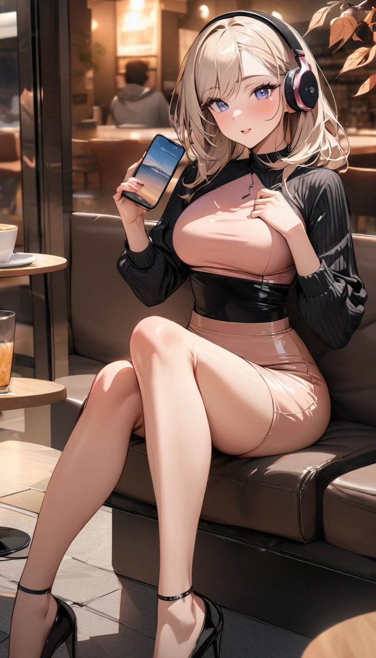 ((Top Quality)), ((Masterpiece)), ((Details)), perfect face, perfect body, fallen leaves background, sitting in a cafe, listening to music, sitting with legs apart, wearing tight clothes, wear a tight skirt, dating, Woman with face visible, glamorous, peach clothe
