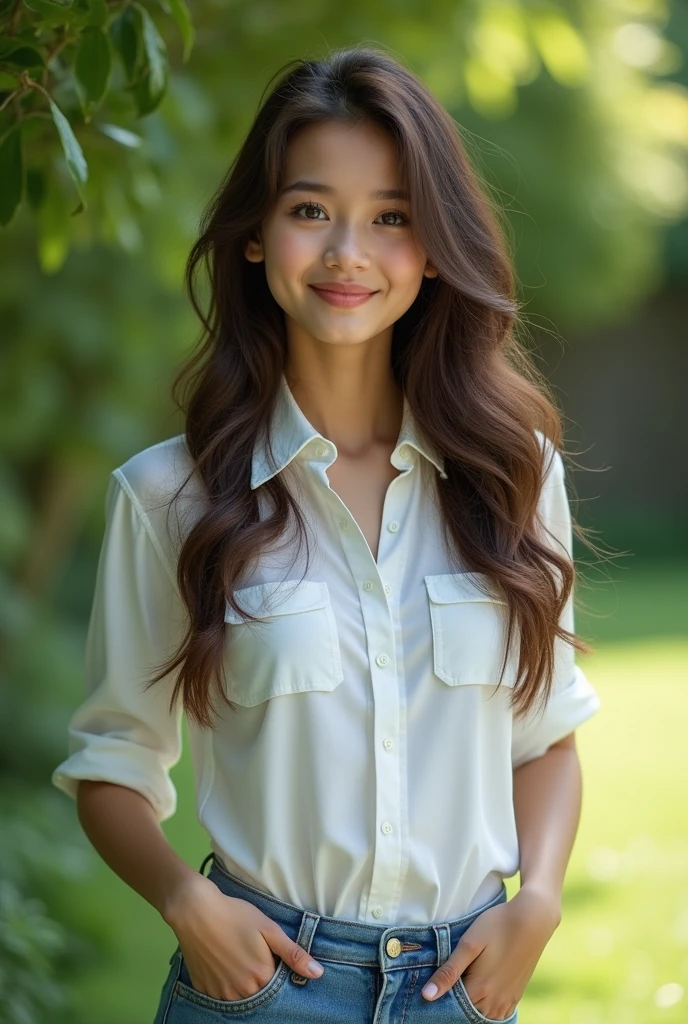 fot, Beautiful young woman, taken from a distance, that shows the whole body that everything appears, in garden, white blouse and denim mini skirt, sexly, white color, long brown hair, a softened wry smile - contained excited happiness, soft lighting on the face, realistic skin-hair textures, sky blue eyes-mist, beautiful real textures and delicate aesthetics, seeing yourself in full body, remarkable tribute to the natural feminine beauty of the body, noise, 8 k quality, FOTO RAW, by professional photographer, rule of thirds, Extremely Detailed