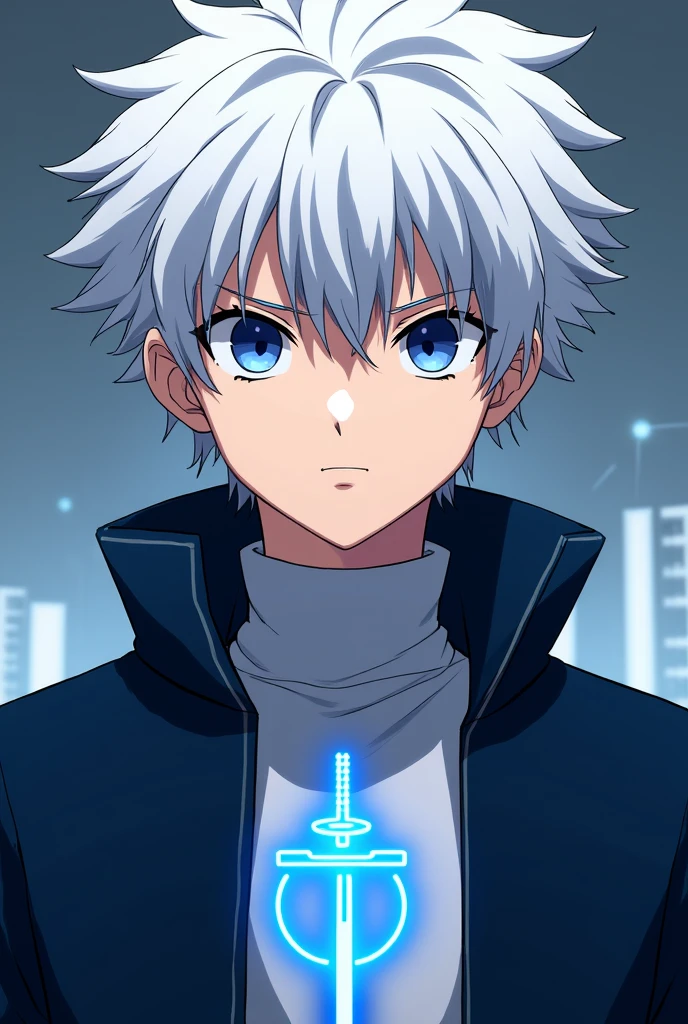 An 16 y/o anime boy with white hair dark blue jacket with (no big collars) and white under turtleneck and an neon blue Sword logo on his jacket with serious emotion