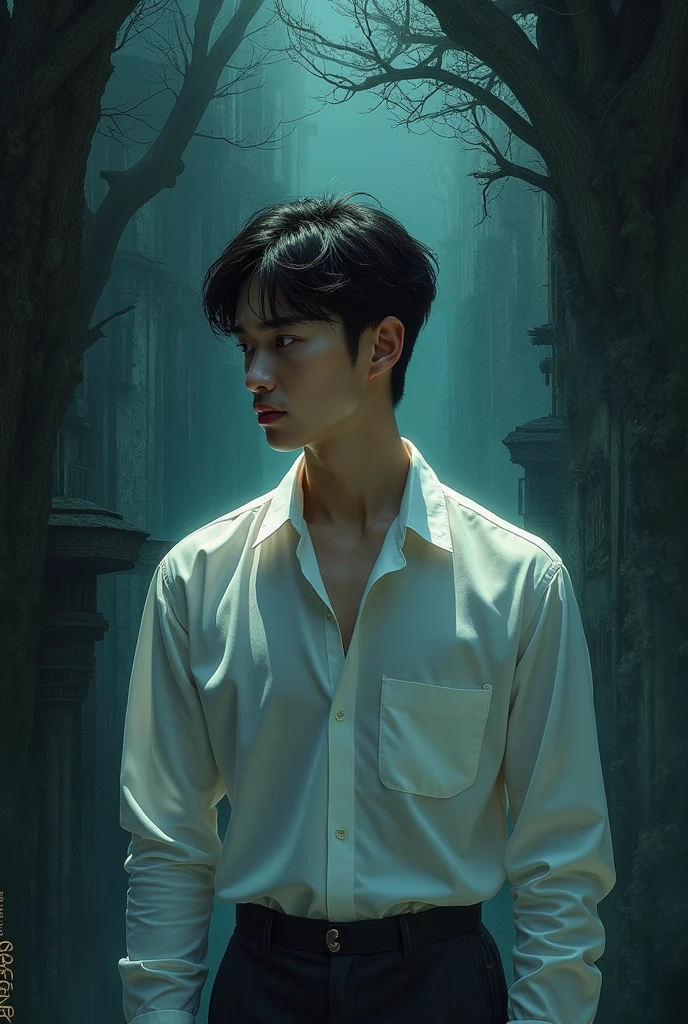 Official art, Unity wallpaper 8k, Very detailed, Beautiful, Beautiful, Masterpiece, Best quality, White shirt, dark, Atmosphere, puzzle, Suspicious, Literature, art, fashion, decor, complexity, Emotional depth, supernatural,, 1man, Single, male, (Korean idol face, Acute eye line)