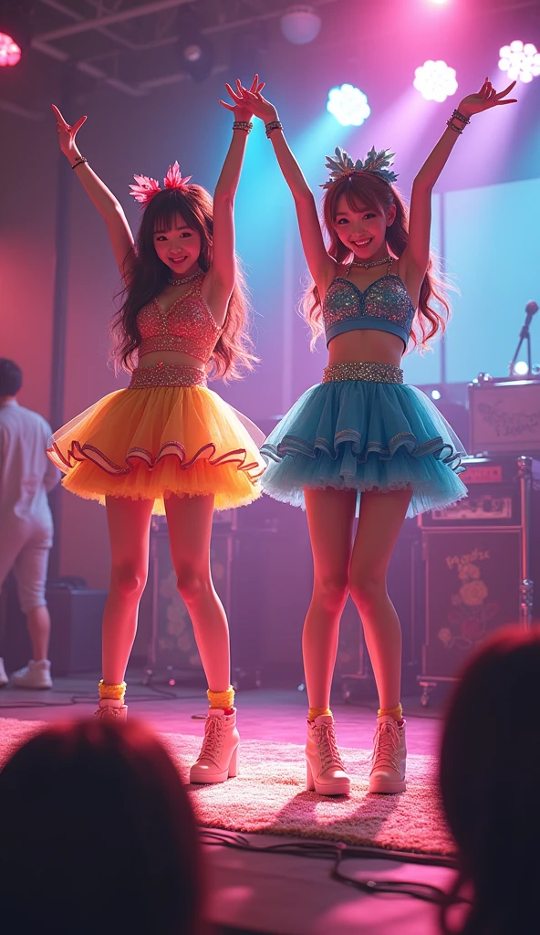 2 idol singer, 1 person, Japanese, cute stage costumes, Hotel Rooms, Daytime, whole body