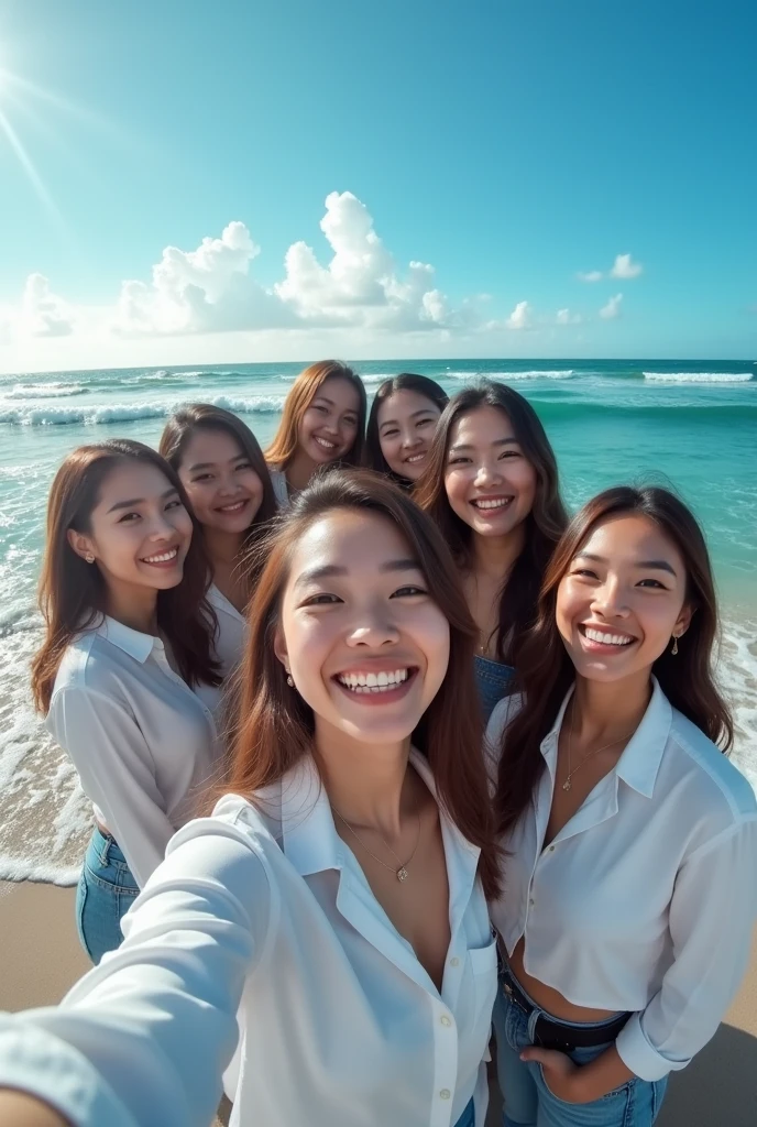 professional photography there are 8 beautiful Indonesian women, who wears a white shirt , jeans, Senada is taking a selfie using a selfie stick , with the background on the beach with the attractive lapping of the waves and bright blue clouds. fullHD, ultrahd+ , Earth's atmosphere,realistic, looks authentic, dramatic scene, must be detailed, seen from above using a drone