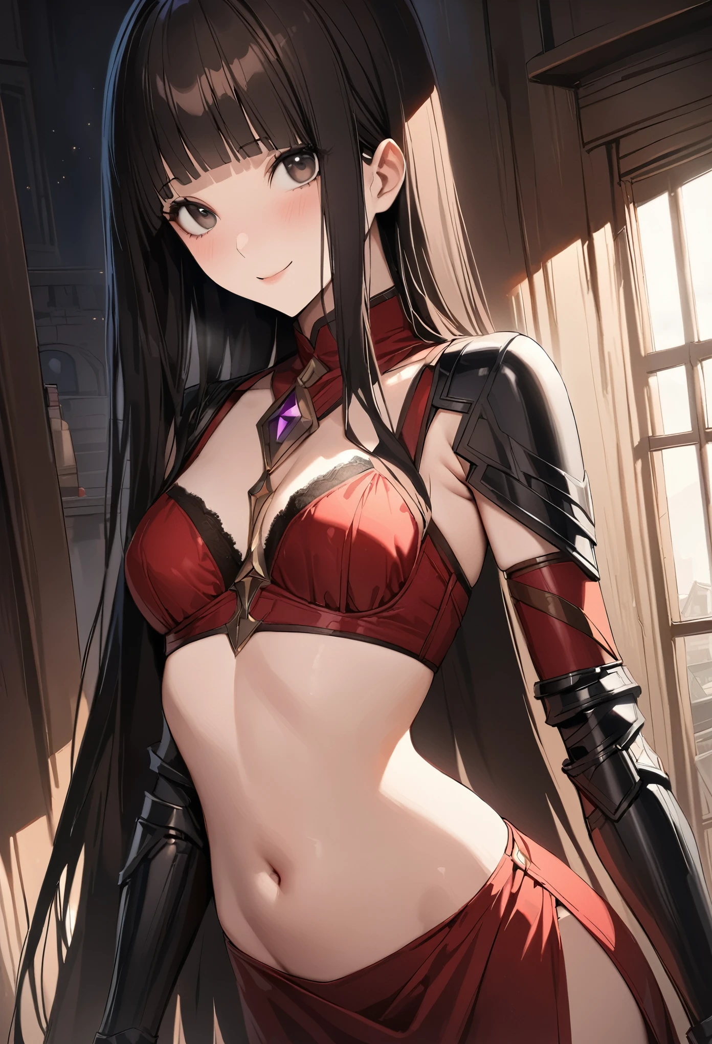Fantasy art、((masterpiece,best quality anime,Highest quality:1.3)),realistic,portrait,upper body,1woman,(Mature Beauty),((very small head:1.4)),((very long body:1.3)),long hair,black hair,bangs,(gorgeous big eyes),black eyes,smile,((slender body:1.3,skinny)),medium breasts,(mage dress,Red tube top bra、navel、red loincloth、Leather Gauntlets),castle town、A world of magic and fantasy、