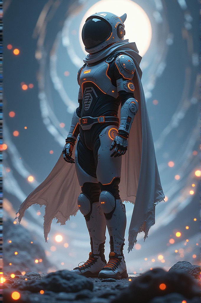 "Create an image that represents the concept of 'Alpha Naut', symbolizing the beginning of an epic and innovative journey. The image should convey the idea of exploration and discovery, with a futuristic protagonist who mixes elements of a classic navigator or sailor with modern and technological costumes. He is about to set off into a vast and unknown universe, which can be both spatial and musical. The setting could include a modern spaceship or a cosmic ocean., with bright lights and stars, symbolizing infinite possibilities."