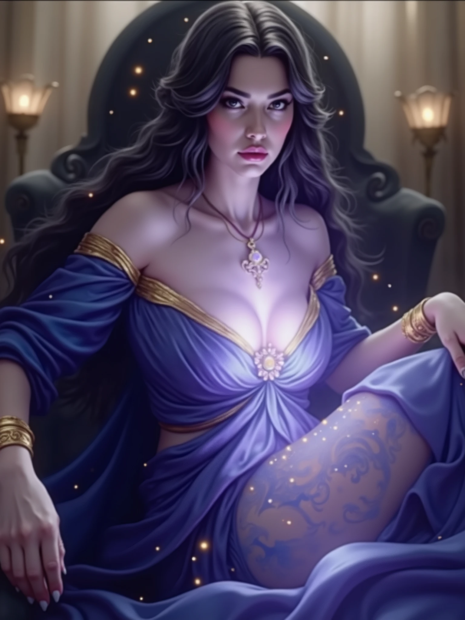 a majestic female goddess, dark purple and blue color palette, yellow accents, black hair, dark aura, ethereal, ornate intricate details, dramatic lighting, photorealistic, 8k, high resolution, hyper detailed, award-winning digital art, cinematic composition, chiaroscuro lighting