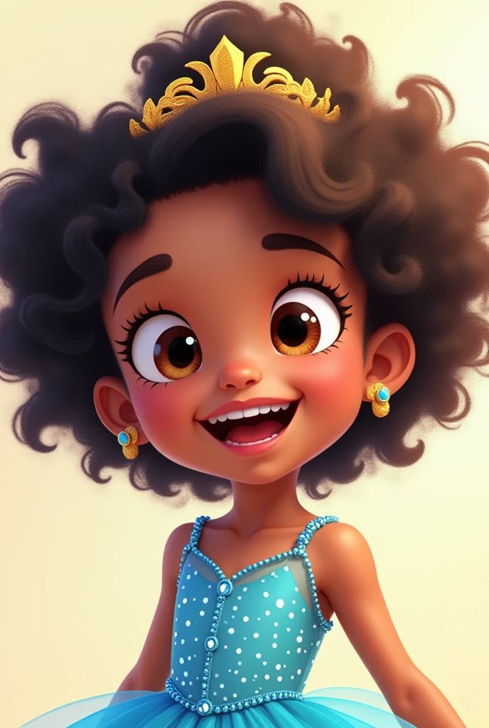 Style manga ou animé, fillette de 6 ans, mixed race, dark brown frizzy hair styled, a golden tiara in the hair, Brown eyes, light blue dress with blue sequins on top.
she laughs