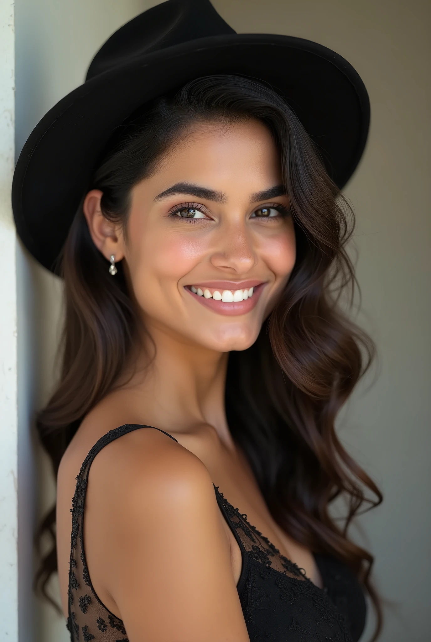 There is a young, Beautiful indian woman, who looks to the future like Katrina Kaif. Smiles into the camera, beautiful teeth. She stands there and looks into the camera, a portrait from raw photo, modern hat, 
