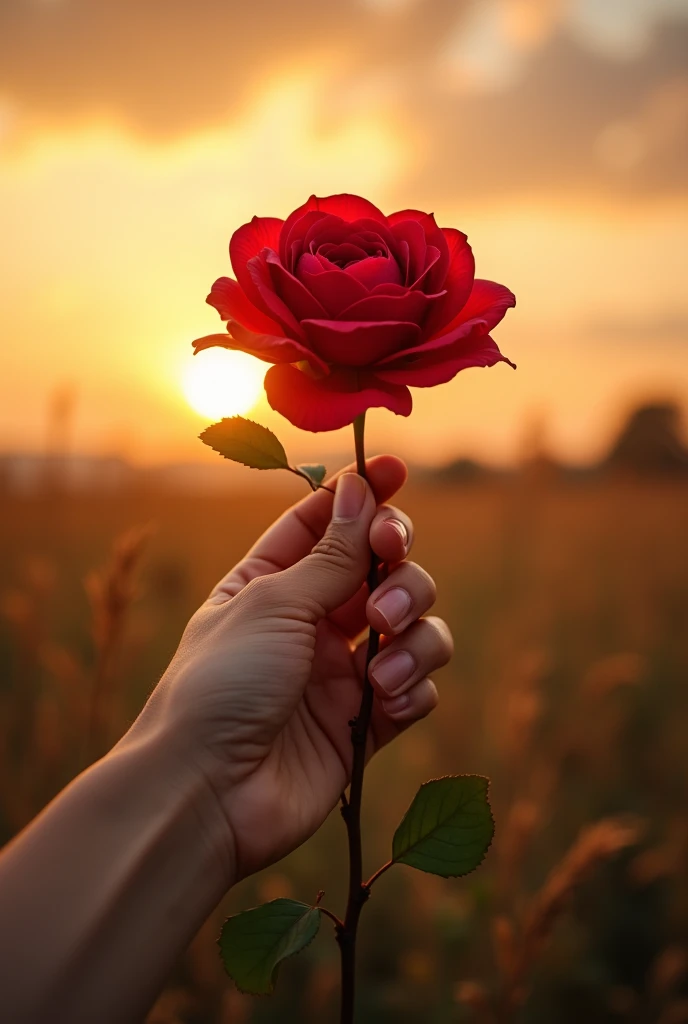 A hand grip a rose flower and the sky is in golden hour
