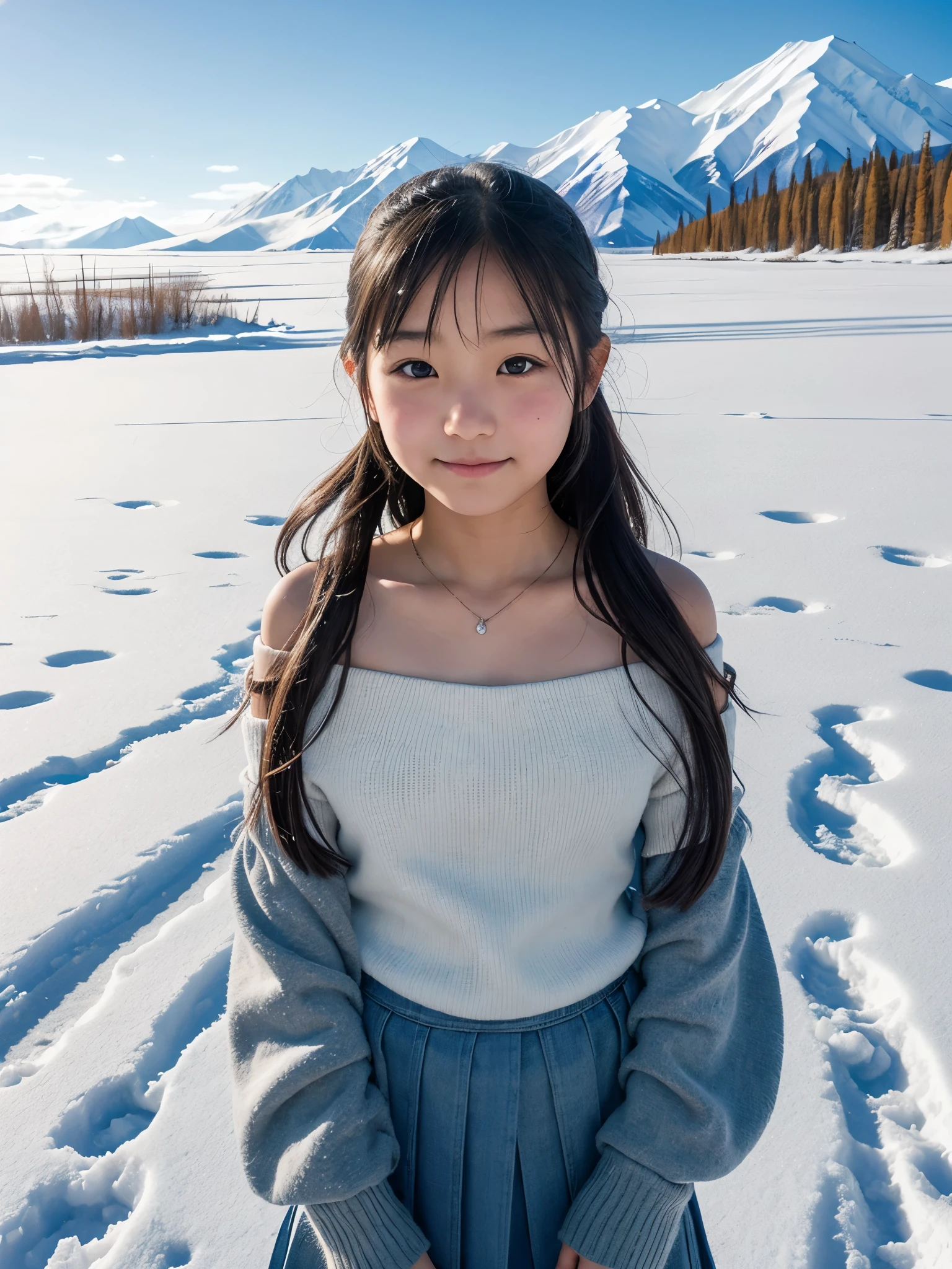 Japanese elementary school girl, off-shoulder, sweet expression, winter, Kluane National Park, Canada, snowy field, heavy snow