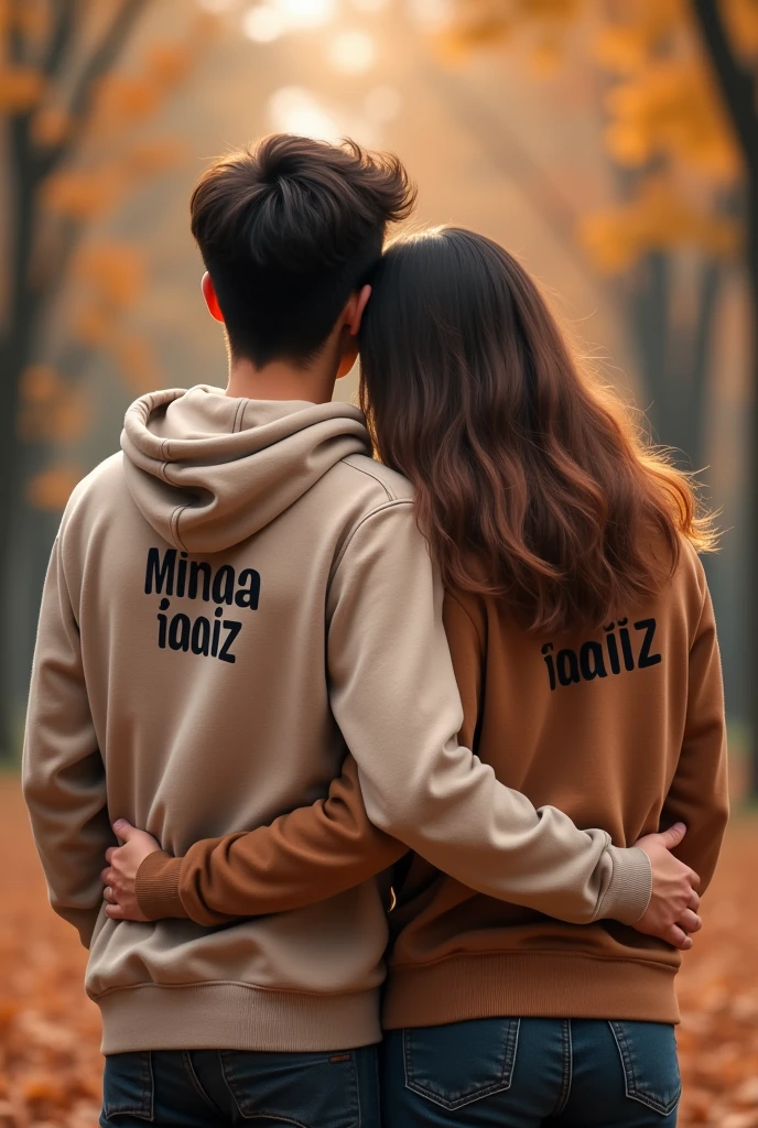 A  wallpaper for couples whering hoodie  on wich name is written on back of hoodie  faaiz and Minhaa
(And pov of couple  is from back) Interchange the couple name and make more realistic 