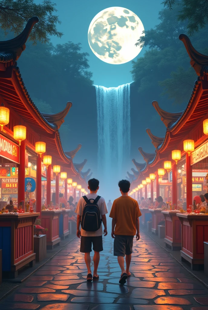 Two young Asian men walk around a temple fair on a full moon day. There is a dart booth and a waterfall girl next to it. Chandeliers are lit inside the fair, giving it a realistic and natural 3D effect.