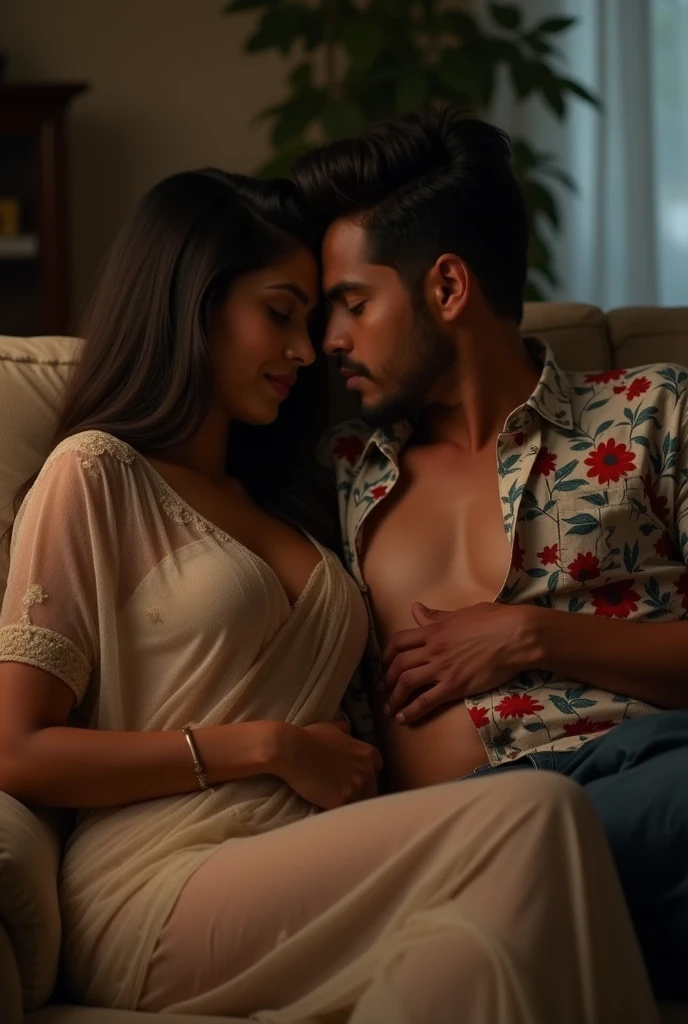 realistic ultra hd, cinematic, erotic, sensual sex, indian wife her husband and her sister are having a secret erotic sexual affair in their home. threesome sex, they sitting on the couch, discreet threesome. wife is wearing a sheer transparent sari, sister is wearing a floral front open shirt. man is wearing a shirt. they hug each other and touch the breast