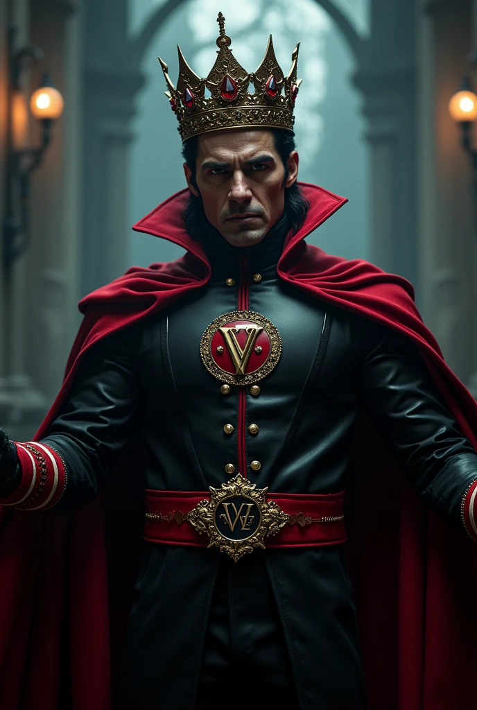 Create adult Dracula with crown using the red demolisher hero outfit and the uniform symbol being VME, highlight the photo from the chest up
