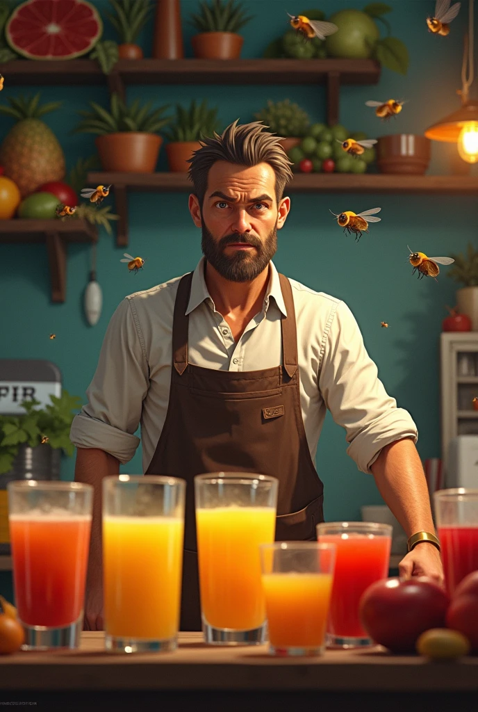 The vendor was unhappy that there were flies at his juice shop.