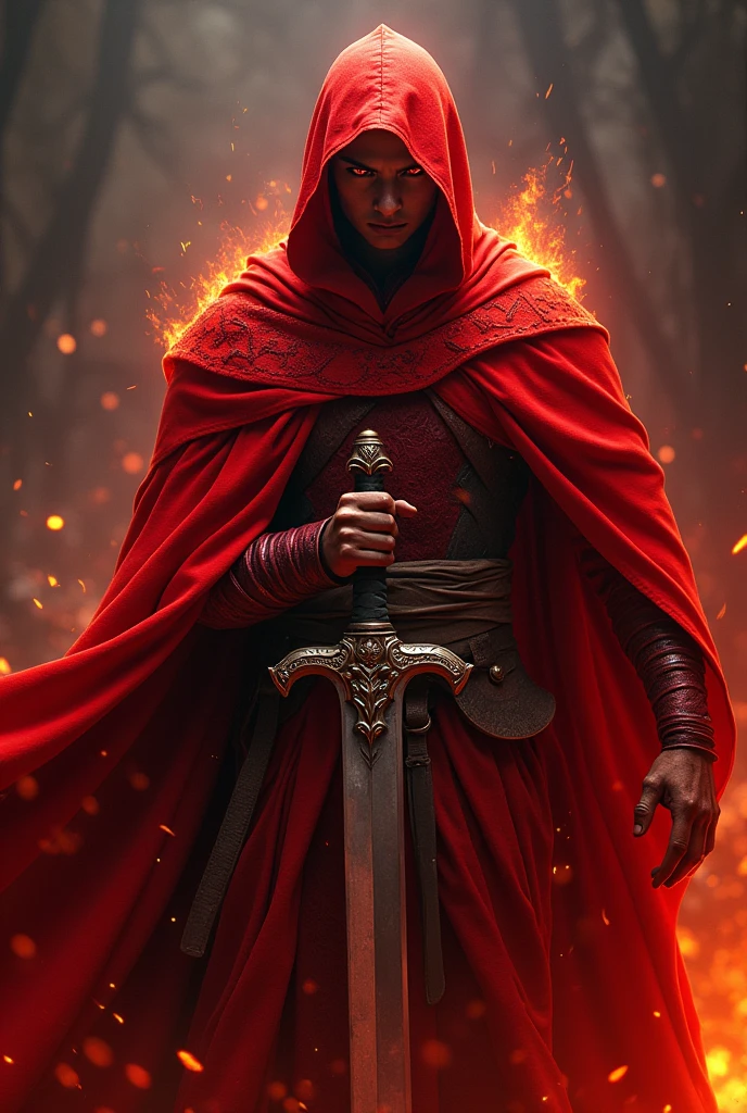 Homme avec yeux et vetements rouge feu avec une épée et quatres doigts