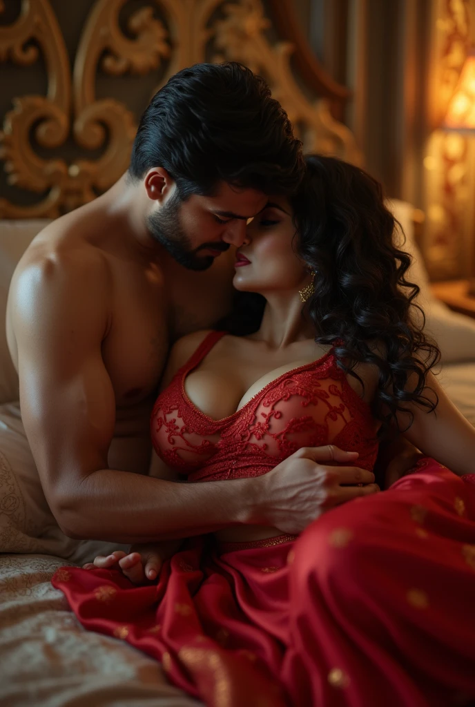 closeup image, hot indian woman and man, she is lying on the bed and squeezing her breasts with her hands, sensual look. she is wearing a thin transparent red sari, her sari is off her shoulder revealing her boobs, She is in her room, Ultra realistic, extremely detailed 8k image, in her master bedroom, erotic scene