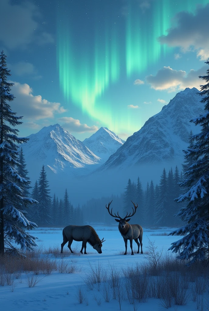 Alaska snowy night partly cloudy with stars and vibrant northern lights in the sky and mountain in the background. Wolf and bull elk in a Meadow surrounded by forest