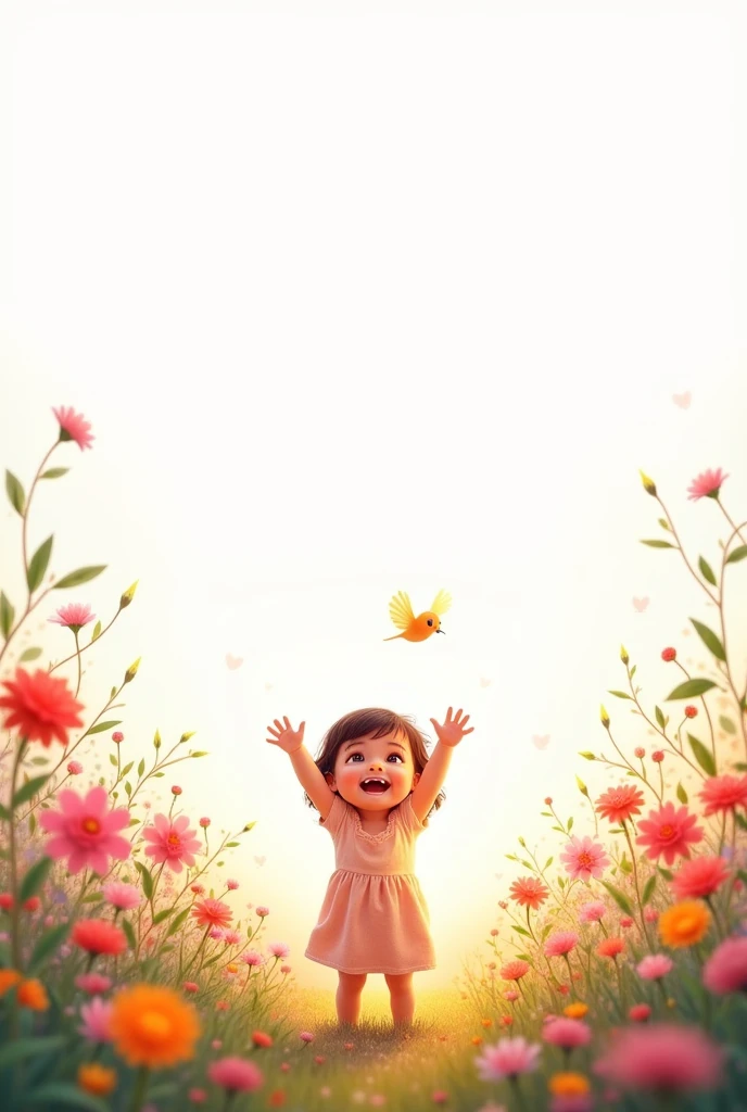 up side white,down side colorful,blooming beautiful colorful flowers,little bird flying up,cute baby girl raise hands,she smiling,she exciting