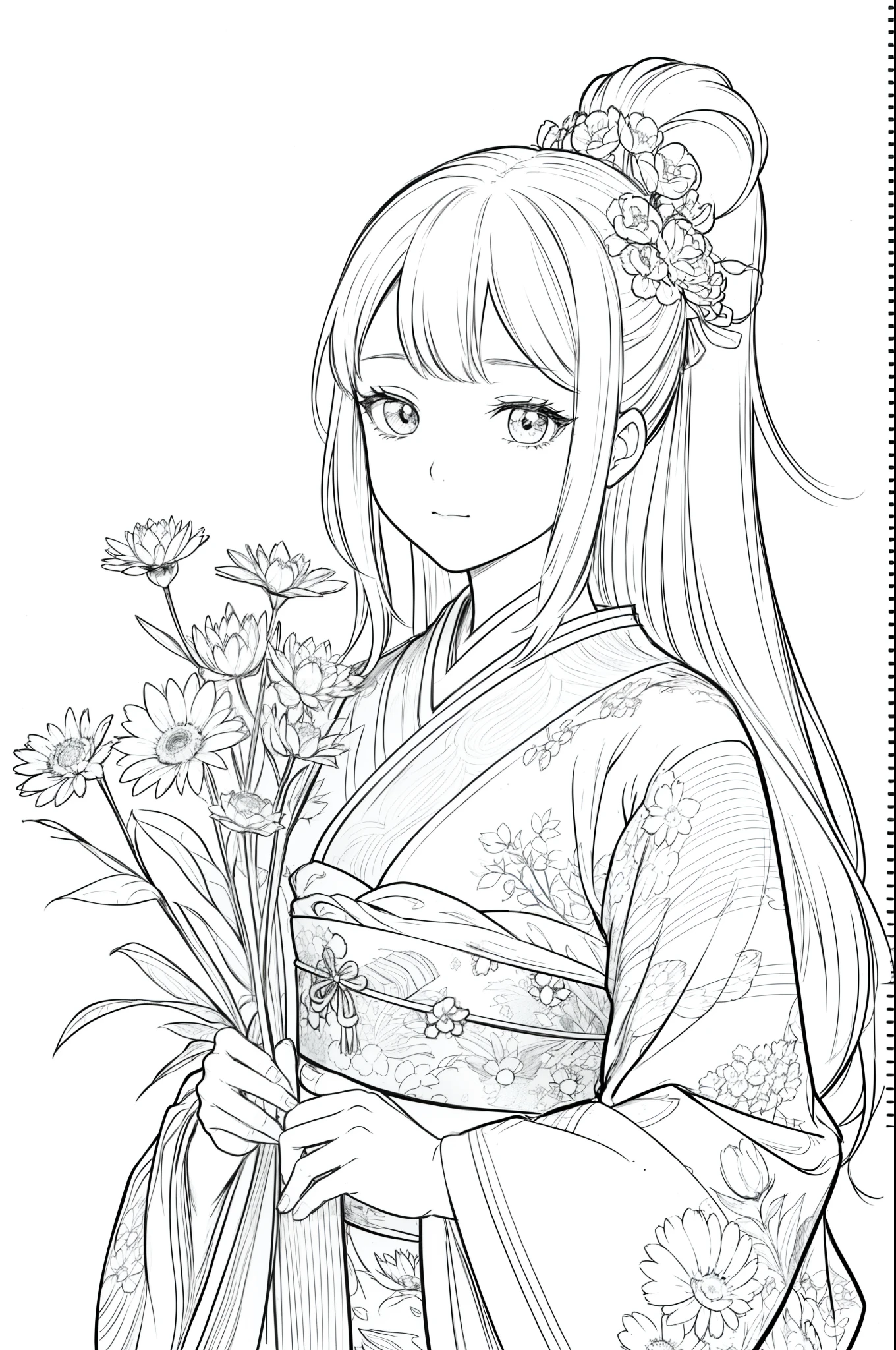 Masterpiece, top class, unique, cute, flowers, line drawing background, white background, monochrome, line drawing, ((sketch)), creepy, white eyes, create a monochrome coloring book that even adults can easily do, arrange flowers in a Japanese garden background, a realistic and cute ukiyo-e of a girl in a kimono, conveying Japanese culture.