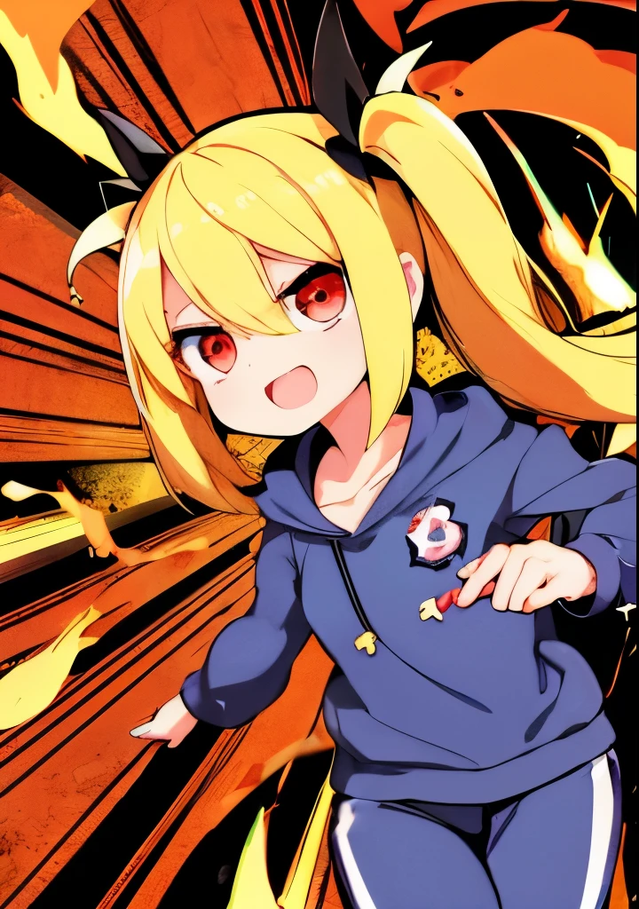 1 girl, idol style cartoon character, cute face, big mouth, angry, flames from eyes, strong eyes, screaming, barking, bright expression, blond twin-tail hair, hoodie, pants, face in focus, front view, red eyes, two hands, 5 fingers, no shadow on background, high res.