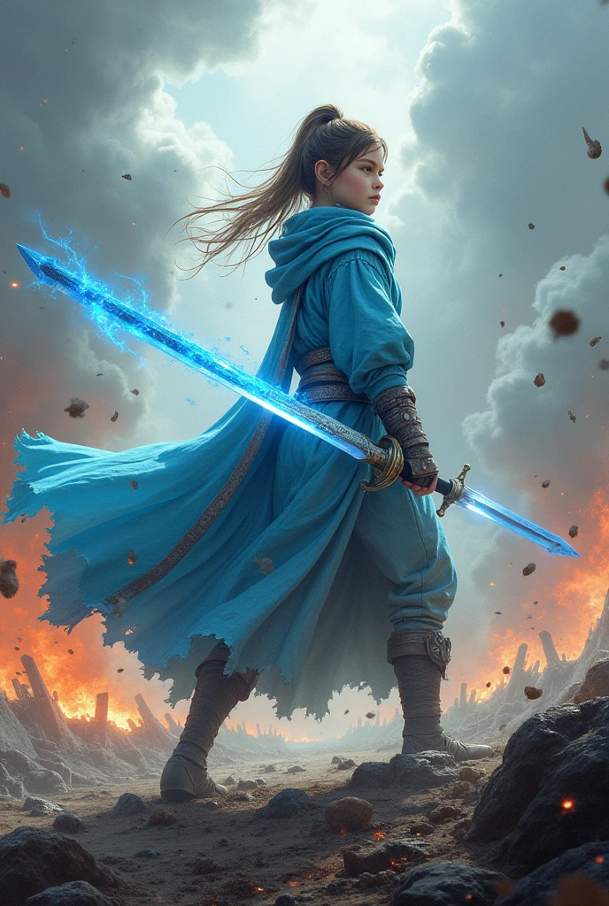 A girl with sward in light blue cloths realistic in battle field
