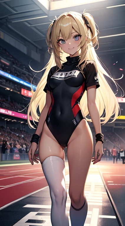 Highest品質、Highest1People Girls,high quality,A detaileded face、A detaileded eye、detailedな鼻、Mouth details、 Beautiful expression, ((Masseter muscle area)), ((High resolution)), ((Highest品質)), detailed, (Excited face.very happy,), ((Shiny skin)), (High leg leotard、T-Shirts)、 With a girl, Blonde, (Half Twin Tail)、Standing posture、White skin:1.3、、Small breasts, Cinema Lighting, It's perfectly shaded,(((classroom))), Realistic lighting with shades,Show the whole body