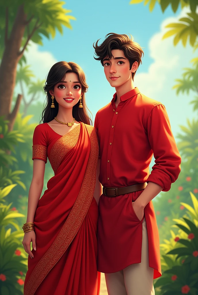 A girl wearing red saree and boy wearing red shirt .girl is some fat and boy is lean