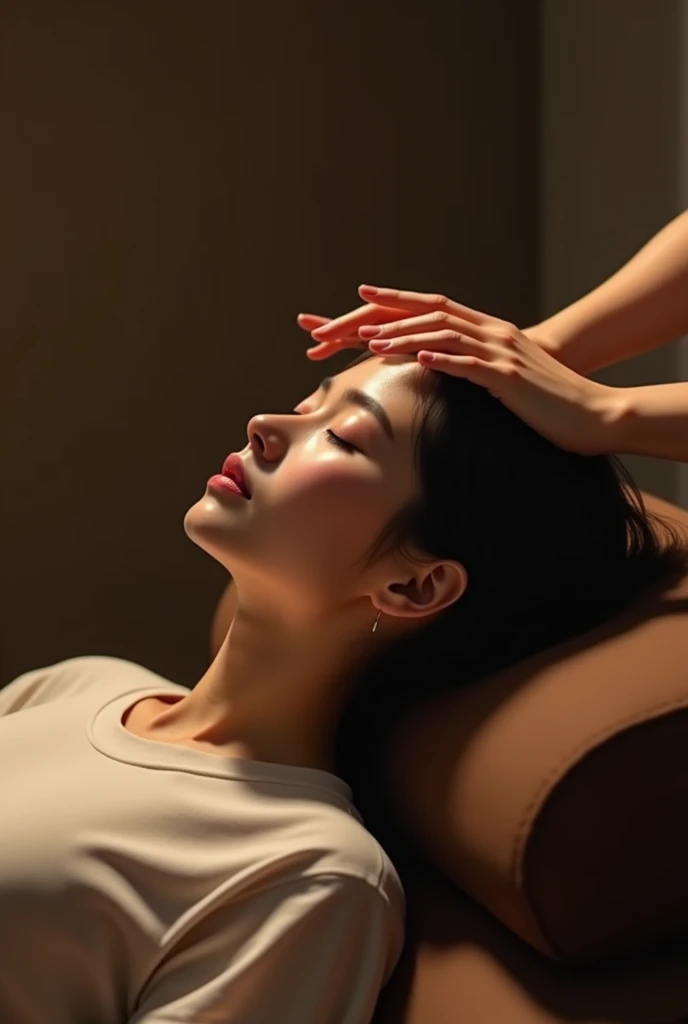 (Having your head massaged)Japanese women、Sleeping、Brown sofa、dim、512×768、profile、T-Shirts、Real、