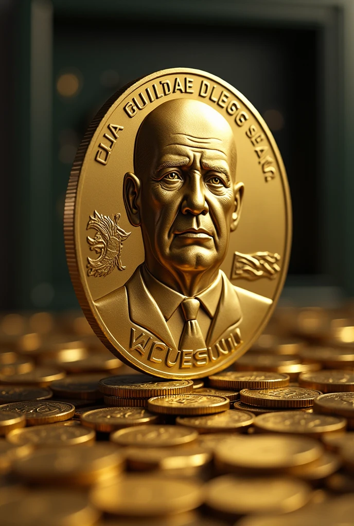 Bald man minted on gold coin, completamente careca, no mustache or beard, descreve um ditador careca brazileiro chorando, again 2024, Written (worthless) sad and worthless, with suit and tie, brazileiro, Brazilian flag minted on the coin, just a coin standing facing the round camera, with some minted details, giving impression of value, Ao fundo, piles of coins and safes, ultra wide angle image with high definition