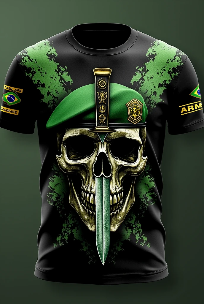 Create a Shirt Template for the Brazilian Army, in black and with symbols on green berets and green areas, with a knife in the skull with space to put the name, written green areas and with the phrase the weak ones that break.