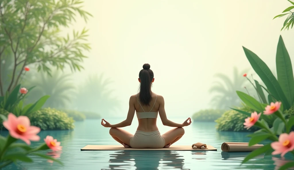 “Find Your Balance, Live Your Best” in a clean, modern font. A serene background with soft, natural elements like flowing greenery, flowers, gentle waves, wellness items like a yoga mat, a woman practicing yoga or meditation in nature.