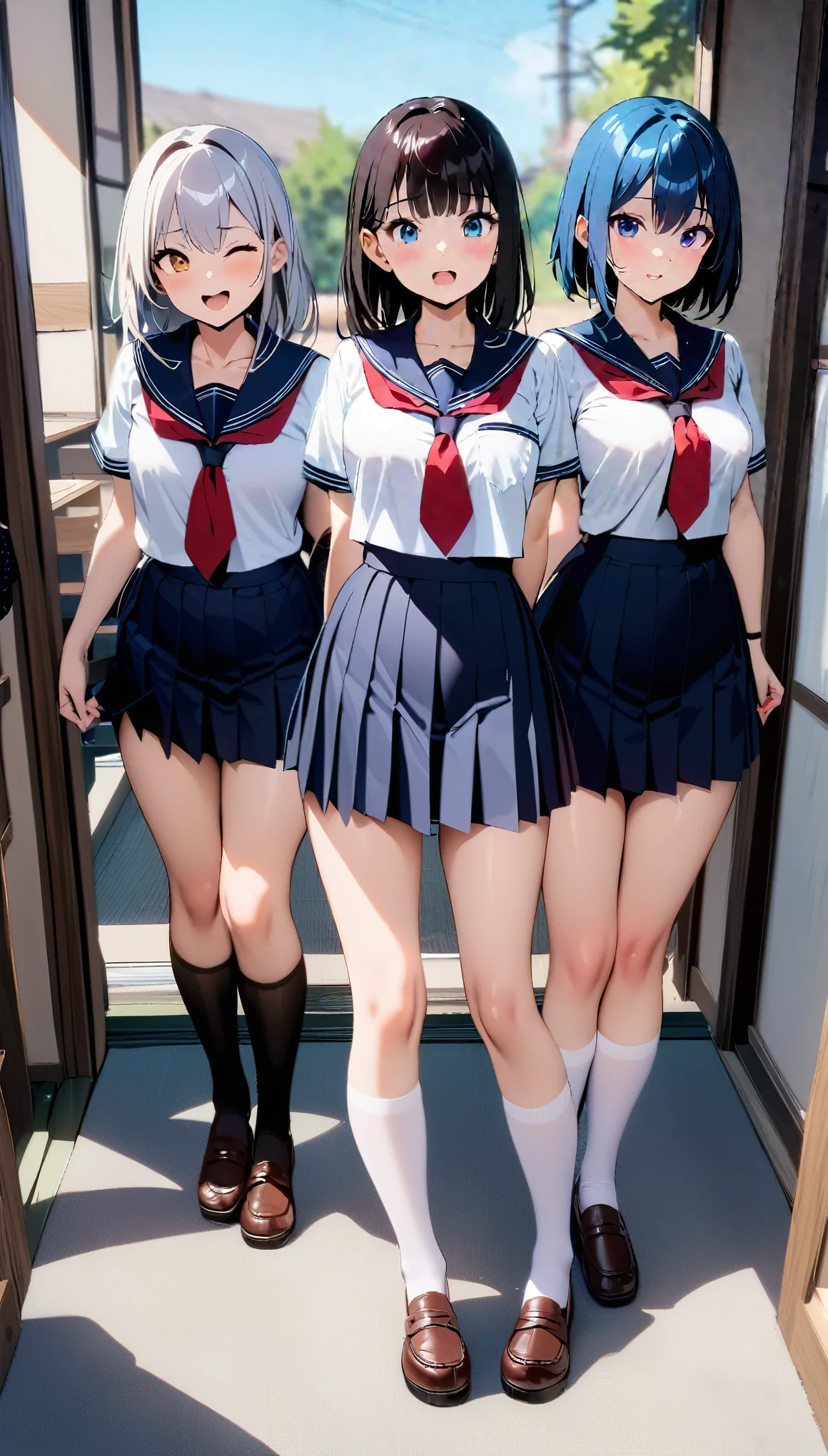 nswf Japanese:1.3,(masterpiece: 1.2, Highest quality, masterpiece, Clearer images,4K), (Bright colors), ((Take clear photos even from a distance)), (Multiple Girls), (Harem), (School classmates), (((All school uniforms have the same design))), (((Everyone is wearing the same dark blue skirt))), ((1)), ((prostitution婦)), (prostitution宿), (cute Japanese((6 Girls))), (((infant'face))), ((Group shot)), (Group selfie), ((I can see your butt from your thighs))、 (Head to toe full body view), front, frontやや下からの構図, Symmetric, A tall girl with number 1 on her back, alone, (Head to toe),Wide-angle, Soft Light, ((((Laugh with your mouth wide open)))), (Normal size breasts), ((prostitution)), (Lure), ((Audiences love it)), (((A lot of hearts are flying))), landscape、((((Spread your legs:1.5)))、((Female masturbation:1.8))、((Grab your chest:1.3)),(((Good lift:1.4)))、(((Show me something good:1.5)))、(Skirt Lift:1.3) 、One eye closed、Push out'''between legs、((Young people))、((((Knee-length white loose socks))))、(((classroom)))、(((sitting on desk)))