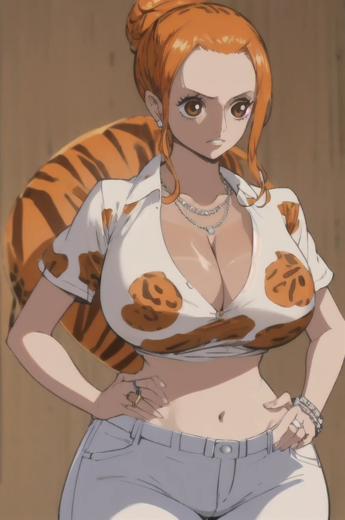 Nami,One piece,slicked high Top knot bun hairstyle,Big breast,vertical earring,((Thin orange leopard print tight short sleeve shirt with cleavage)),open navel,Lowrise white jeans ,((diamond Wedding ring)),Orange hair,short pixie hair,Absalom wife,Necklace,Hoop bracelet,((Long nai)),Wide hips,gaze in viewer,Fullbody view,Solo,half eyes expression,Spouty lips,Mature,needy gesture,((glossy light Tanned skin)),light blush,soft expression,Skindentation,Mature,Lipstic,((eyeshadow)),1hand in hip,Jewelry rings,Thick thights,Strawhat ship background,Milf,Mother,Thick lips,Bare neck,Blunt bang hair