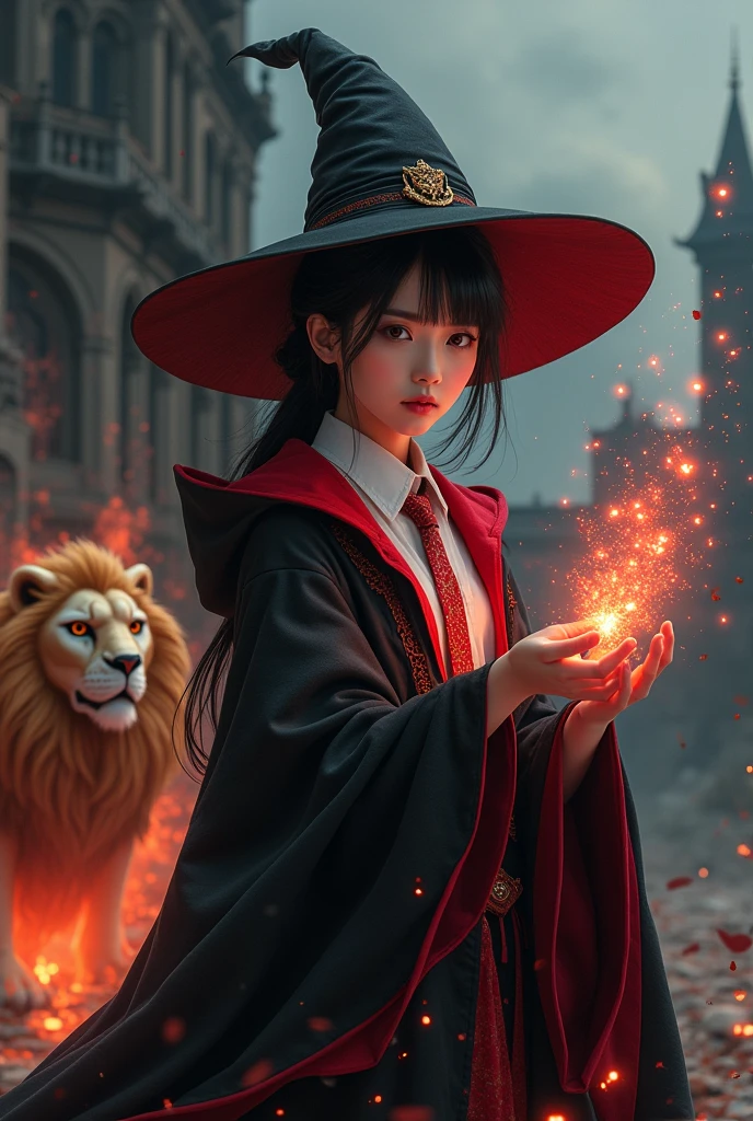 photorealistic photo, asian woman, white skin, Facing straight, Fluffy black hair, Slender fingers, There are five fingers on each hand., Black witch cloak, Red inner hood, black witch hat, White collared inner shirt, Red and white patterned tie, In the hand holding a small magic wand, There were several red fireballs and red smoke coming out of the wood., A white owl stands on the right shoulder., A large golden lion with a fiery red mane appeared from the left rear., The background is an old black castle.
