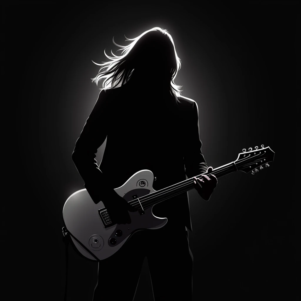A silhouette design of a man with long, flowing hair holding a guitar. The hair is stylized to convey motion. The guitar is prominent, with curves and details that emphasize its importance. The background is dark.
