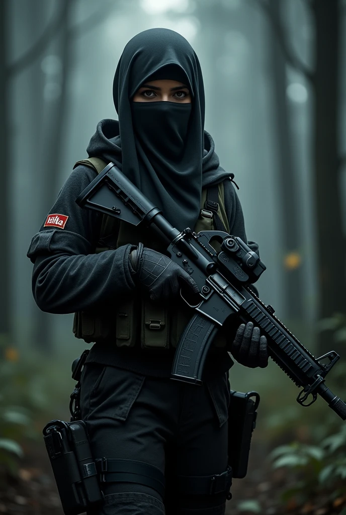 The Muslim soldier women cover his full face eye show and his hand holding a big gun and his hand tattoo like a "Rifka " name and his standing on a dark Forest